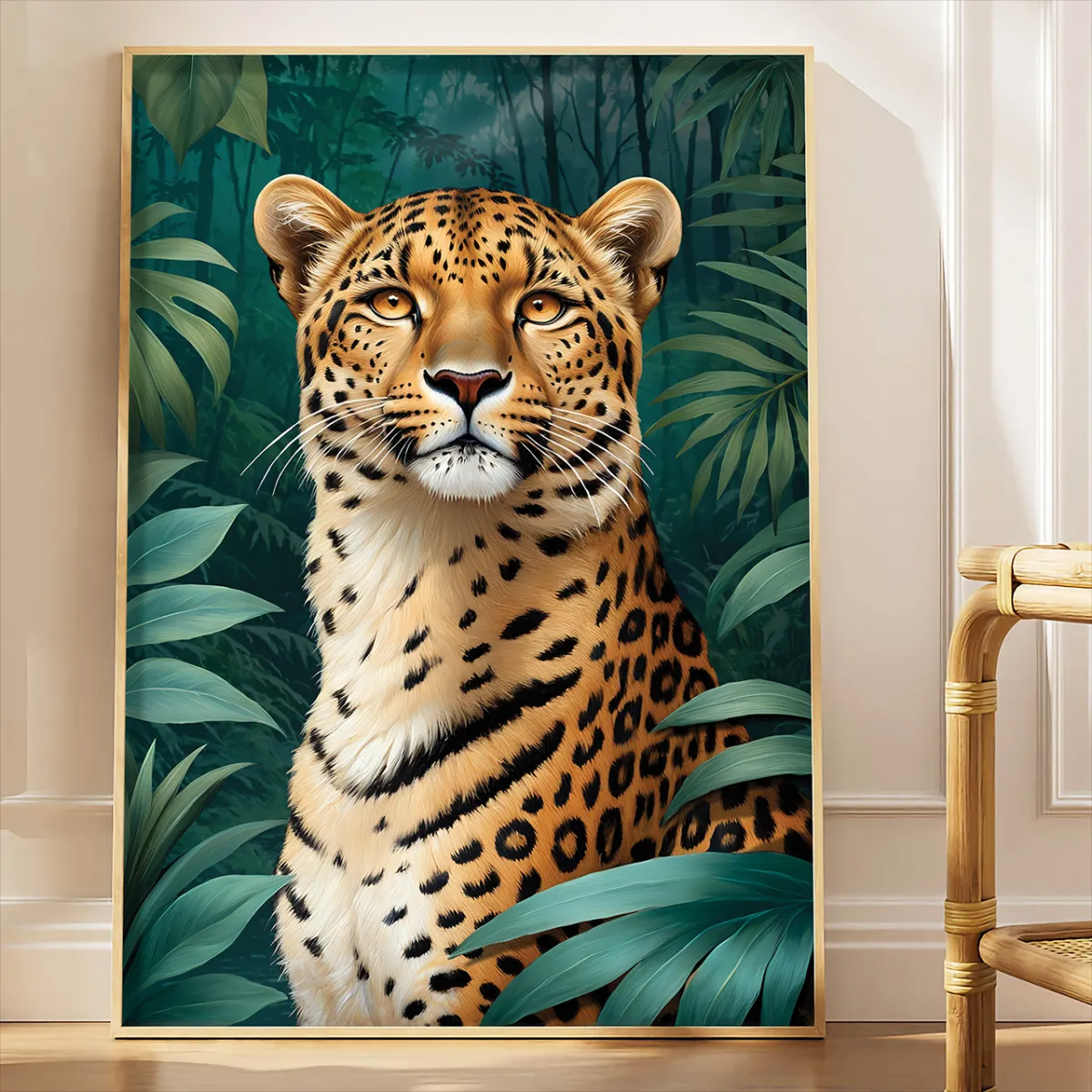 Leopard walking through dense jungle foliage wall art