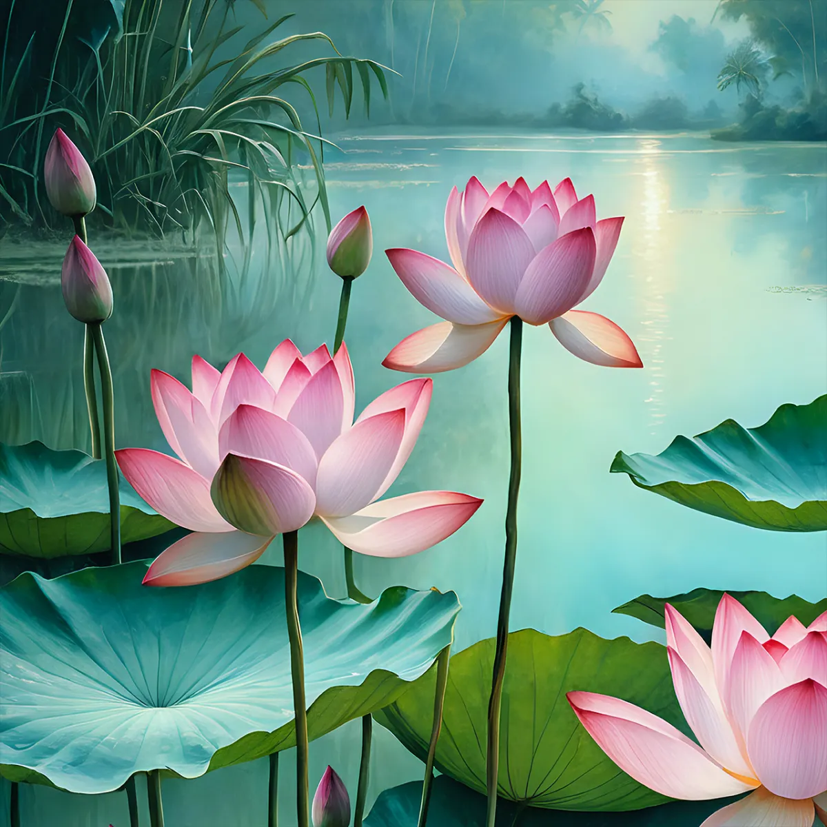 tropical lotus illustration in teal pond