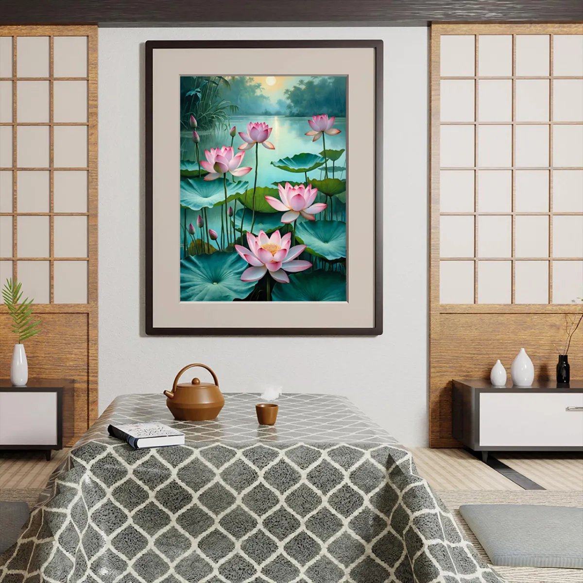 calm lotus pond botanical illustration