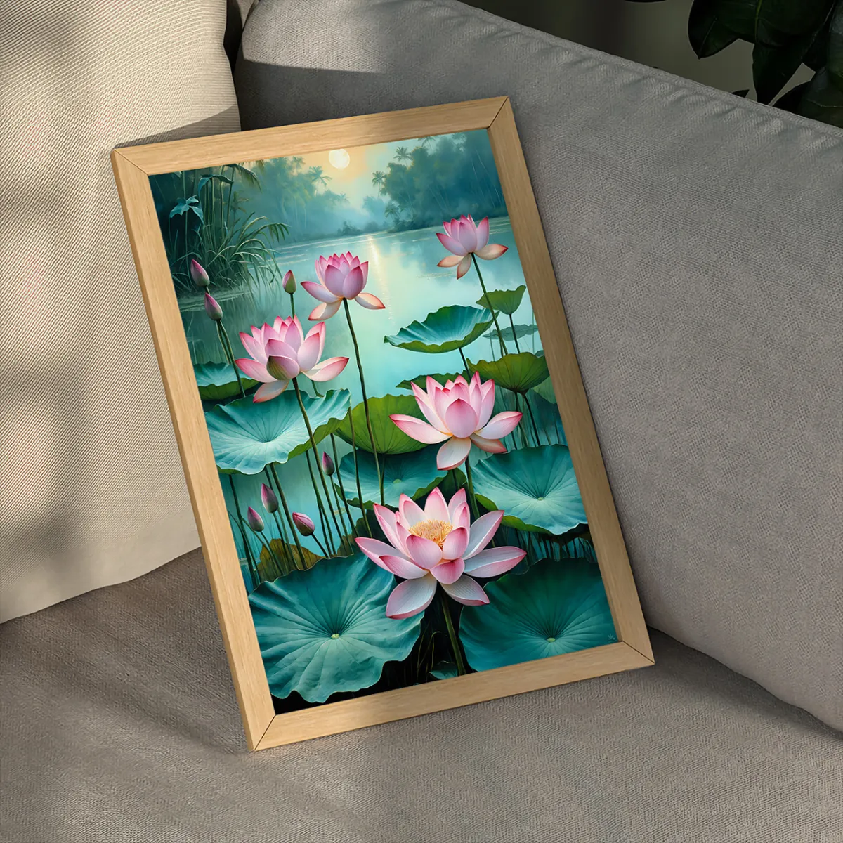 teal jungle water with blooming lotus flowers