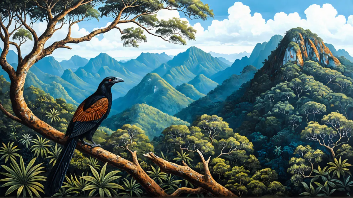 Greater Coucal bird in tropical jungle panoramic wall art