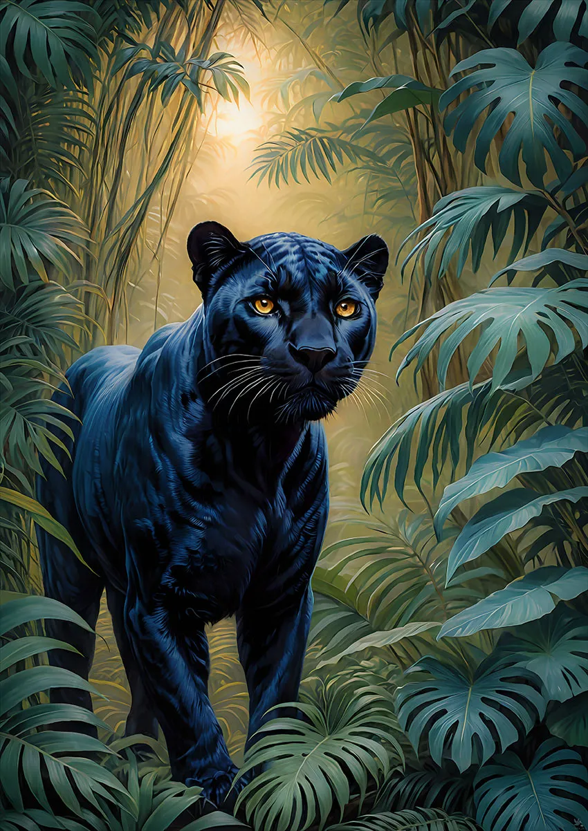 Black panther walking silently through tropical jungle