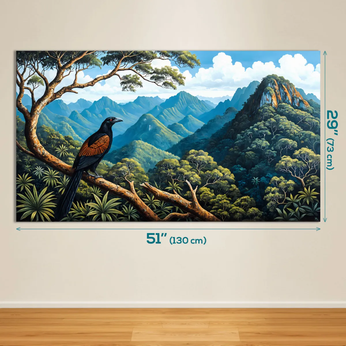 Exotic Greater Coucal bird artwork with lush mountain forest