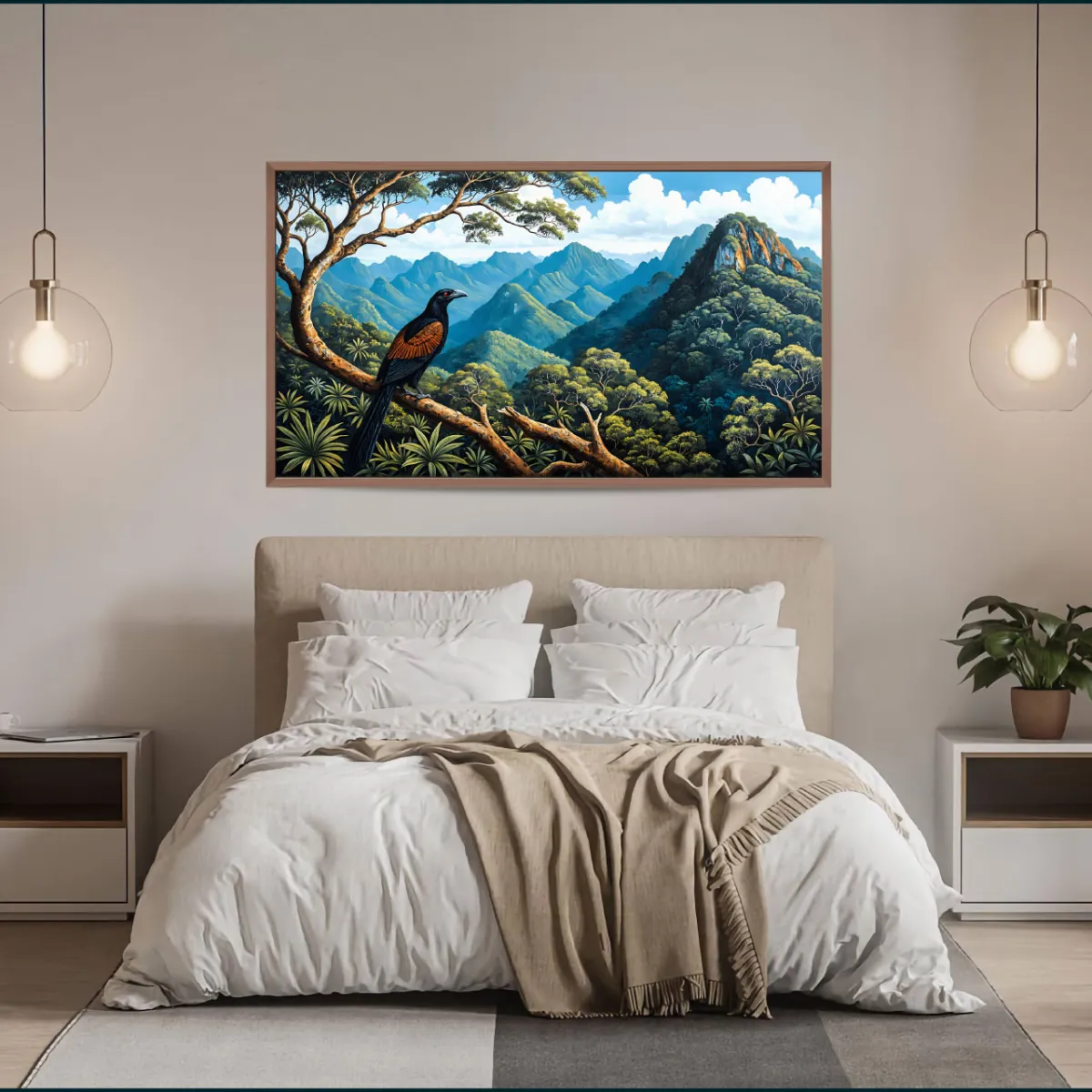 Panoramic tropical forest decor with black jungle bird
