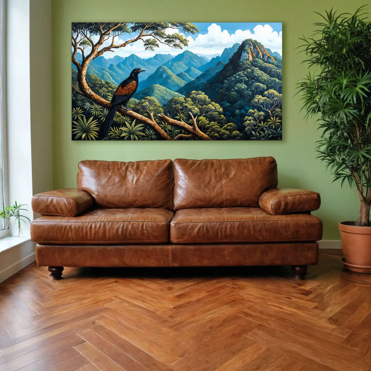 Greater Coucal bird illustration in misty mountain jungle