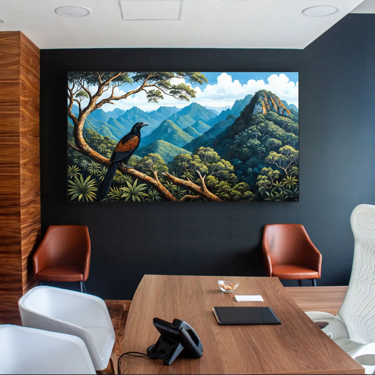 Jungle atmosphere artwork featuring a Greater Coucal bird