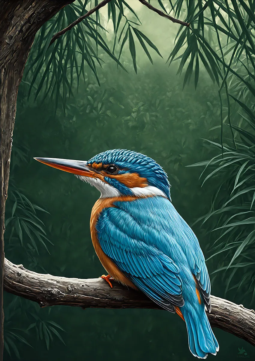 Tropical nature print with kingfisher in rainforest foliage