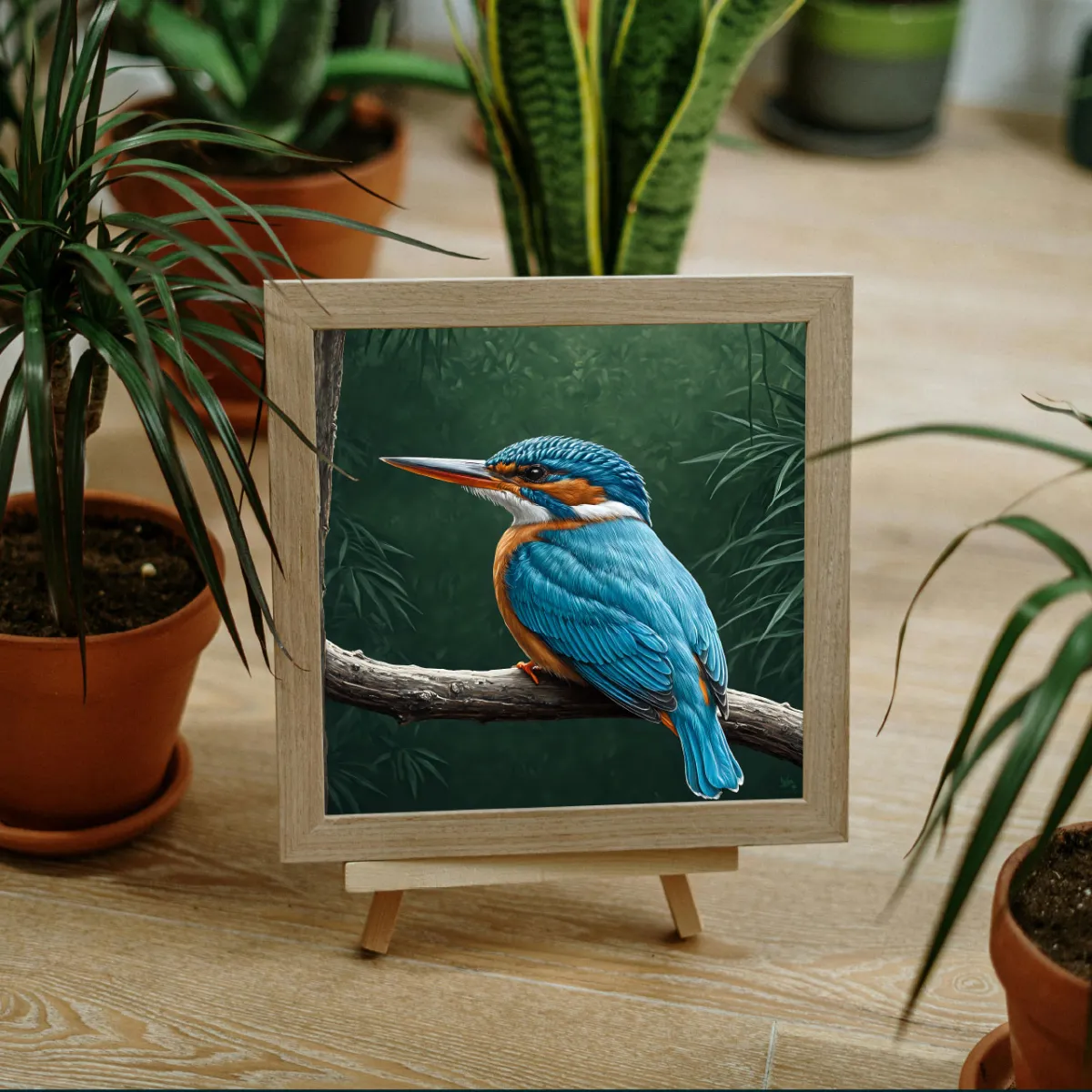 Atmospheric jungle kingfisher artwork in cozy living space