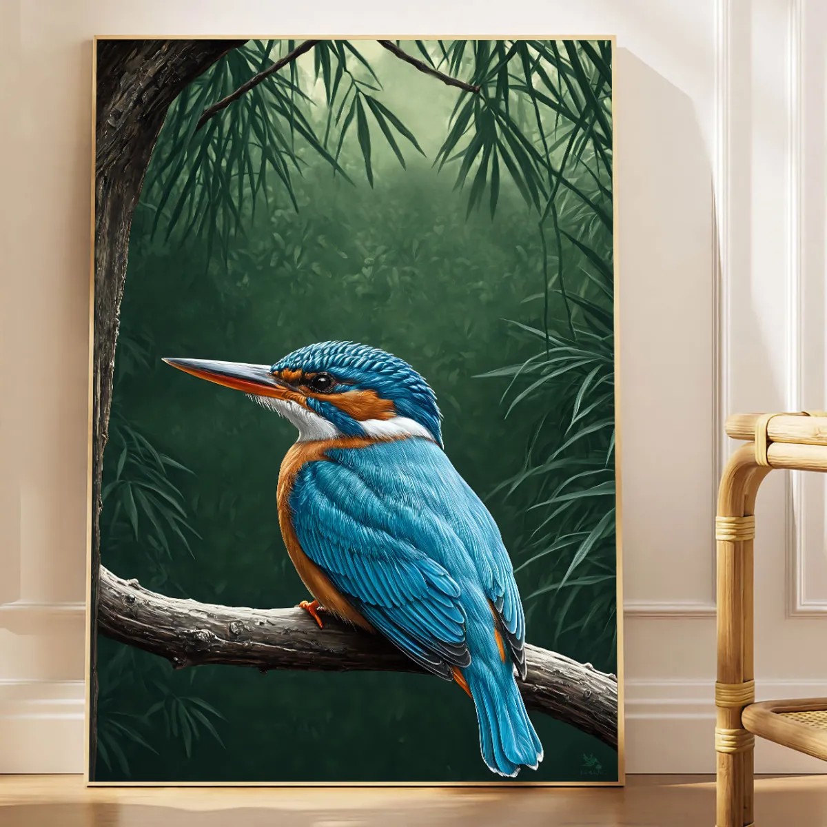 Tropical kingfisher bird wall art in lush jungle setting