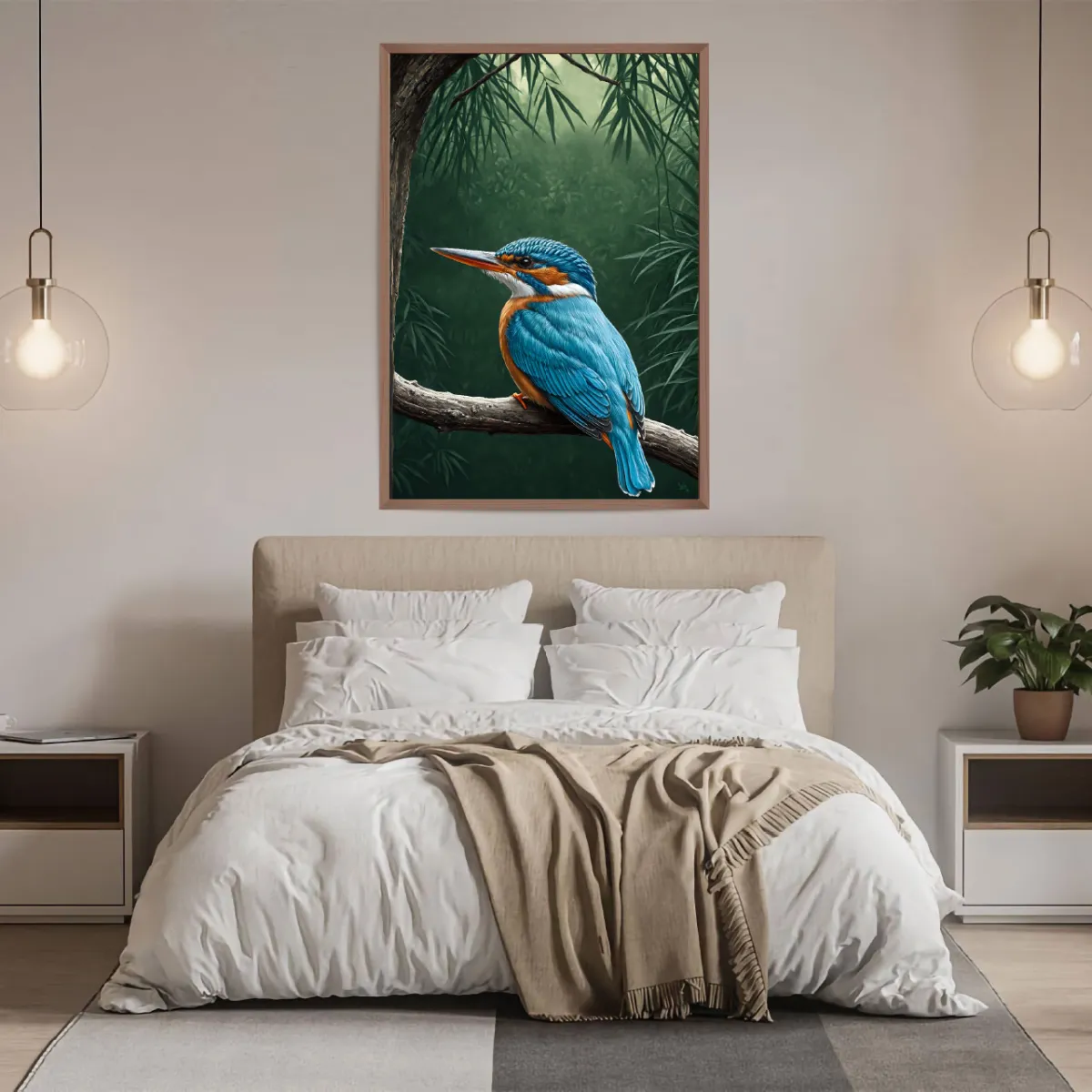 Kingfisher jungle artwork displayed above modern sofa