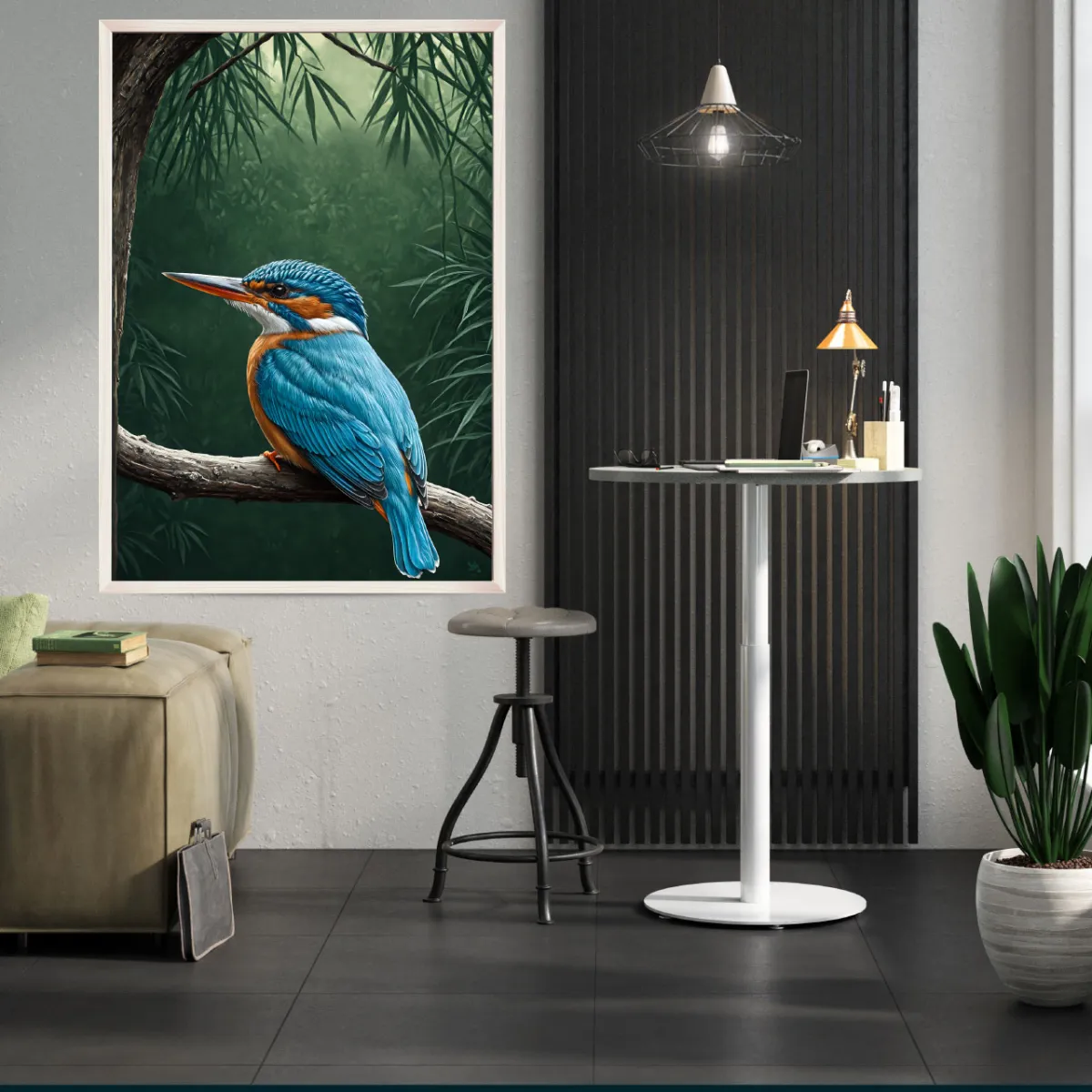 Kingfisher wall art mockup in contemporary jungle interior