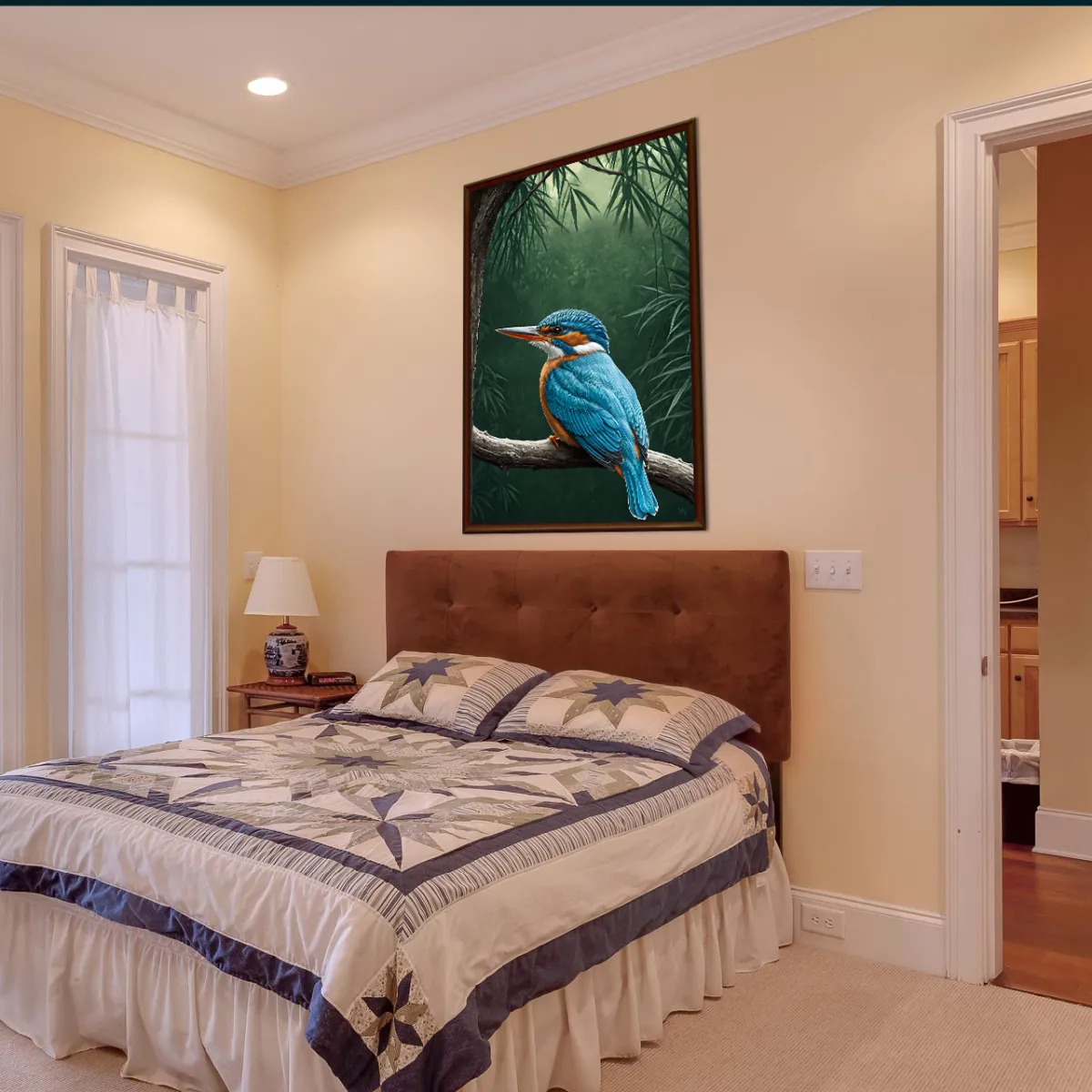 Exotic bird poster styled in warm tropical bedroom decor