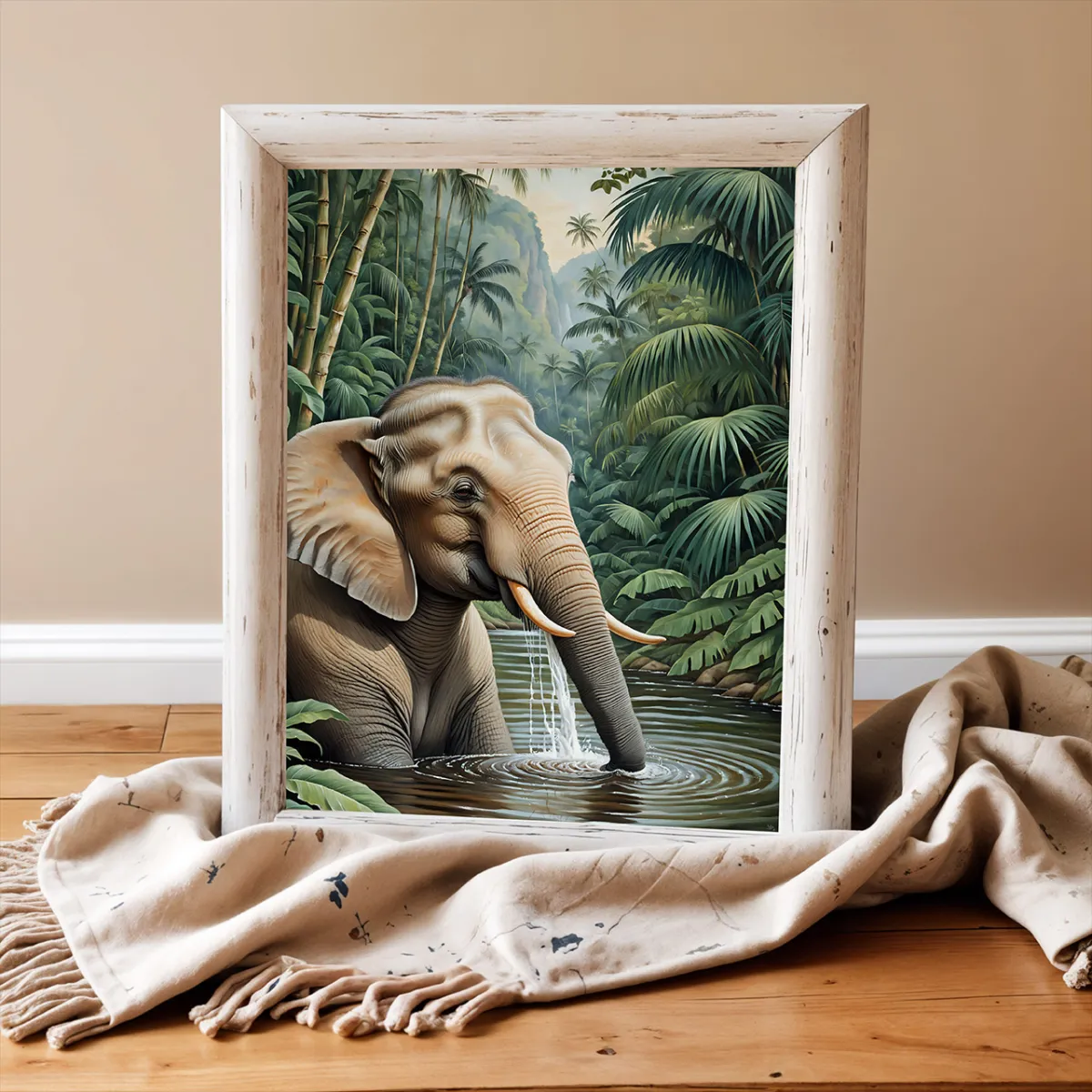 Tropical wildlife wall art featuring Asian jungle elephant