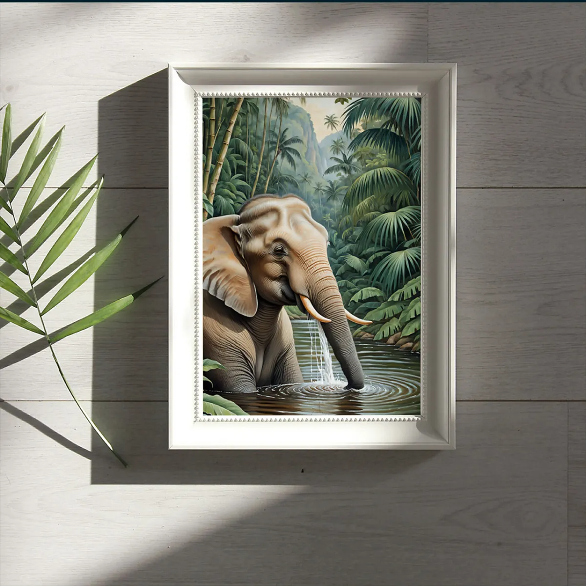 Atmospheric Asian elephant portrait in jungle foliage