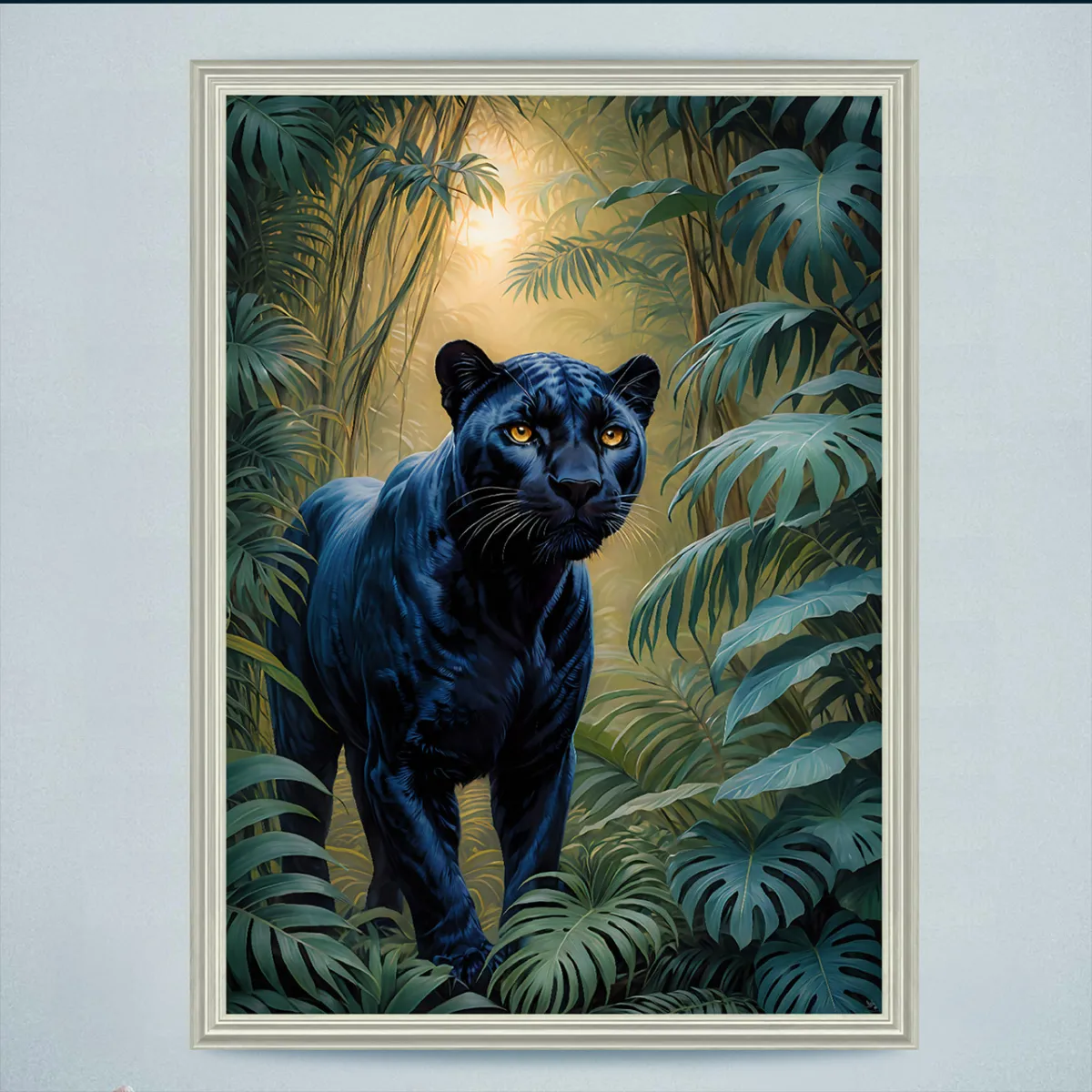 Black panther jungle scene above modern sofa interior