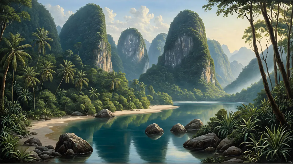 Tropical river winding through towering limestone karst formations and lush rainforest in Southeast Asia.