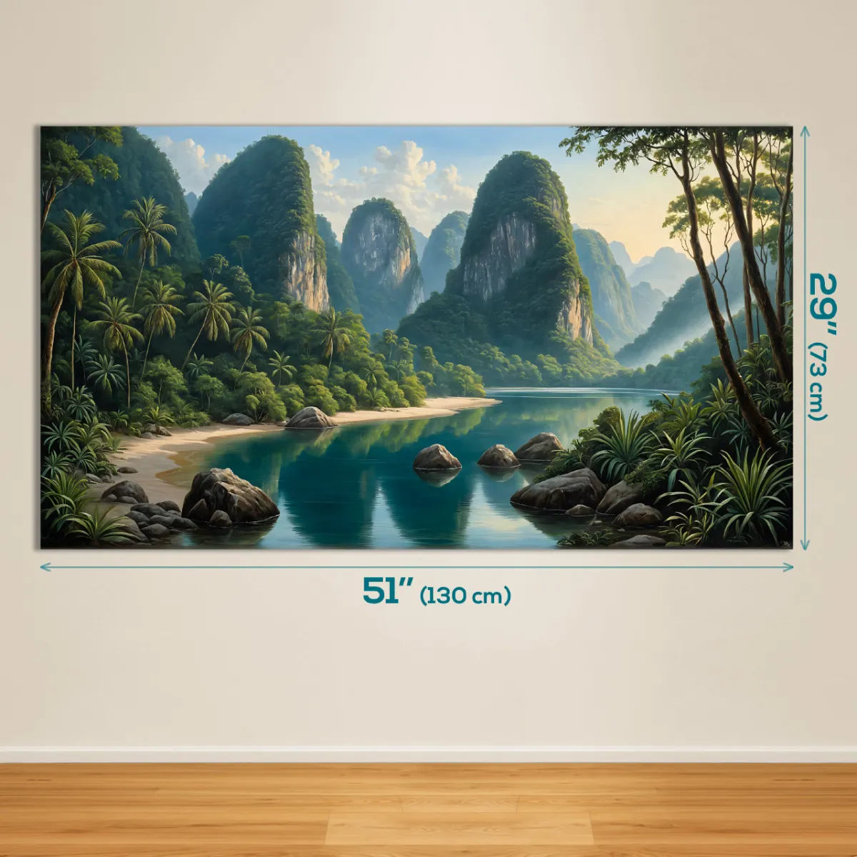 Untouched tropical river valley featuring limestone karsts, rainforest and tranquil waters