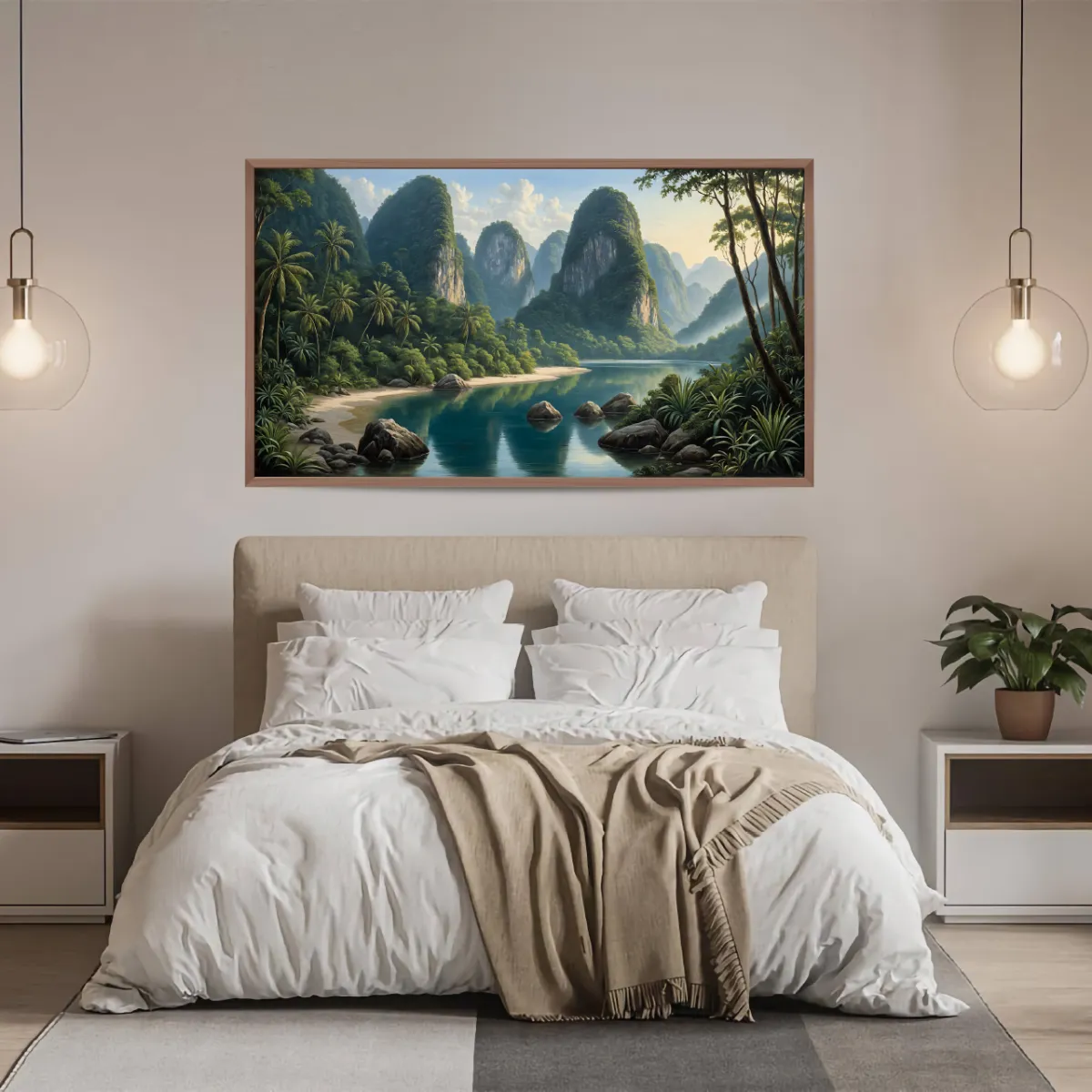 Panoramic river landscape in a serene bedroom