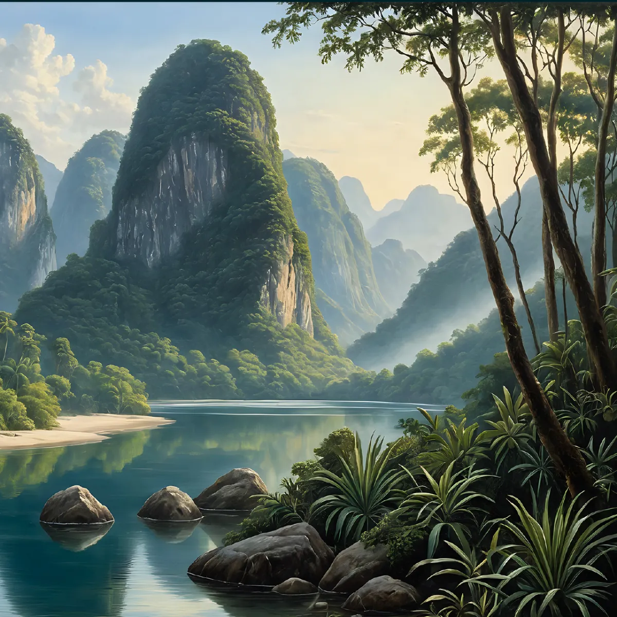 Panoramic Southeast Asian landscape with emerald river, limestone karsts and tropical forest