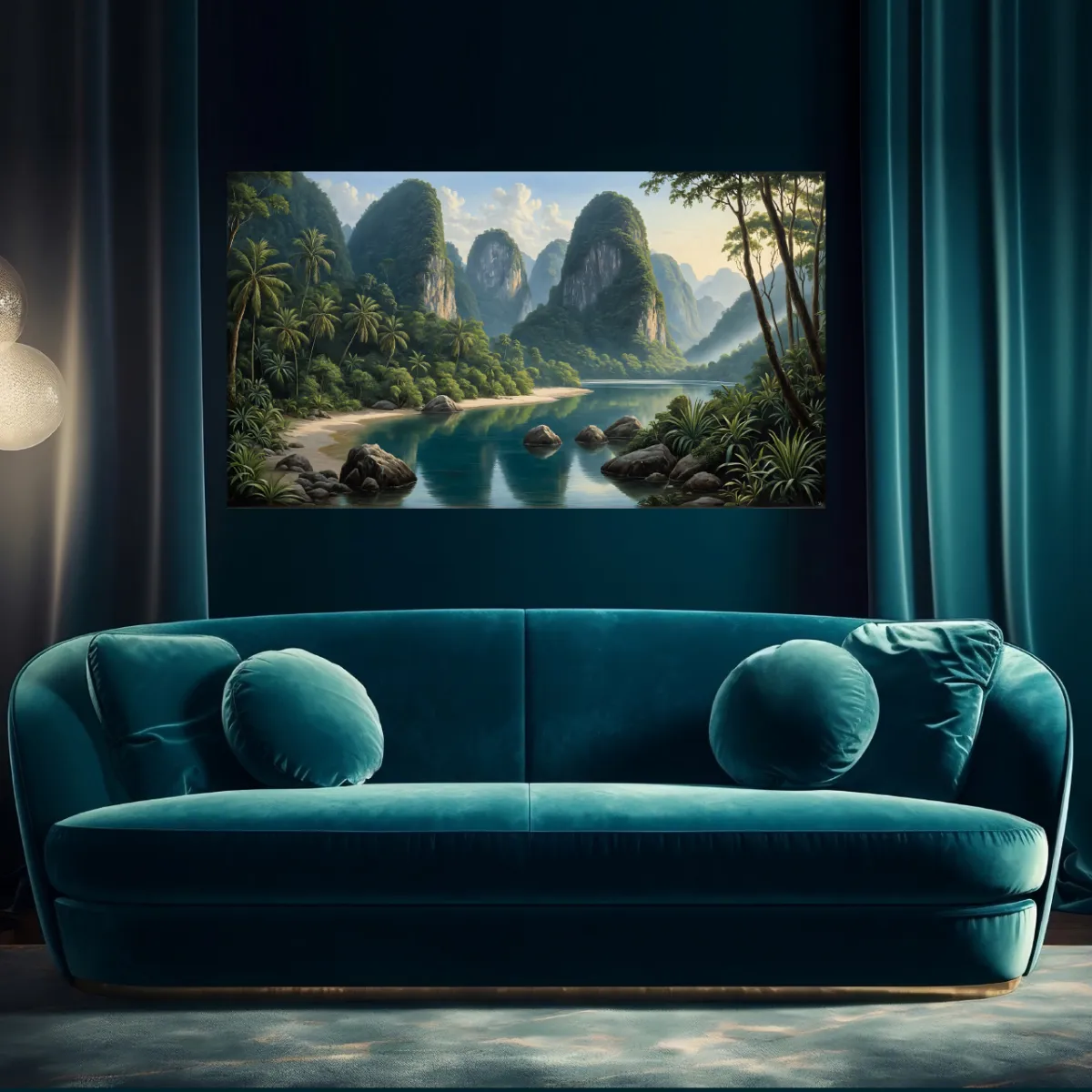     Panoramic tropical river artwork displayed in a modern living room interior.