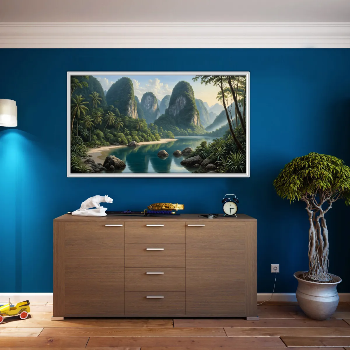 Tropical rainforest river flowing between majestic limestone formations and lush vegetation