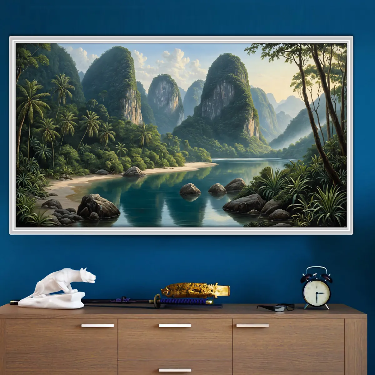 Serene tropical river surrounded by towering karst mountains and dense rainforest canopy
