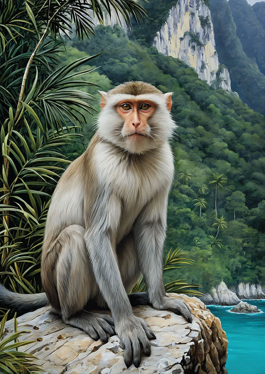 Eyes of Andaman - crab-eating macaque fine art portrait, Andaman karst cliffs backdrop