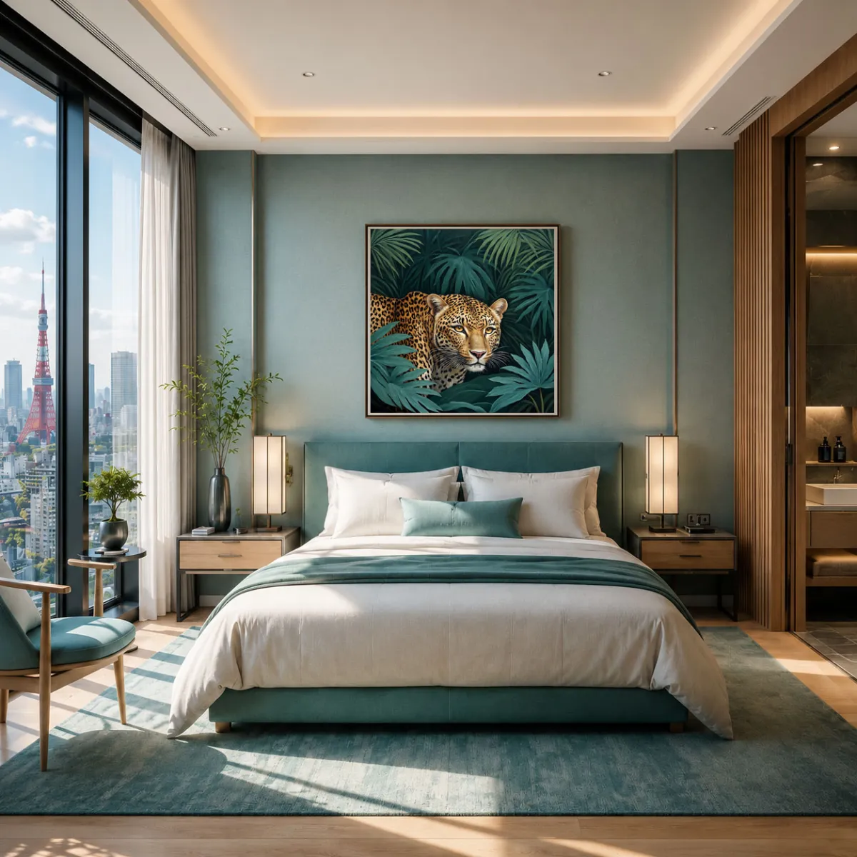 Refined bedroom interior showcasing a large square leopard artwork above handcrafted wooden furniture