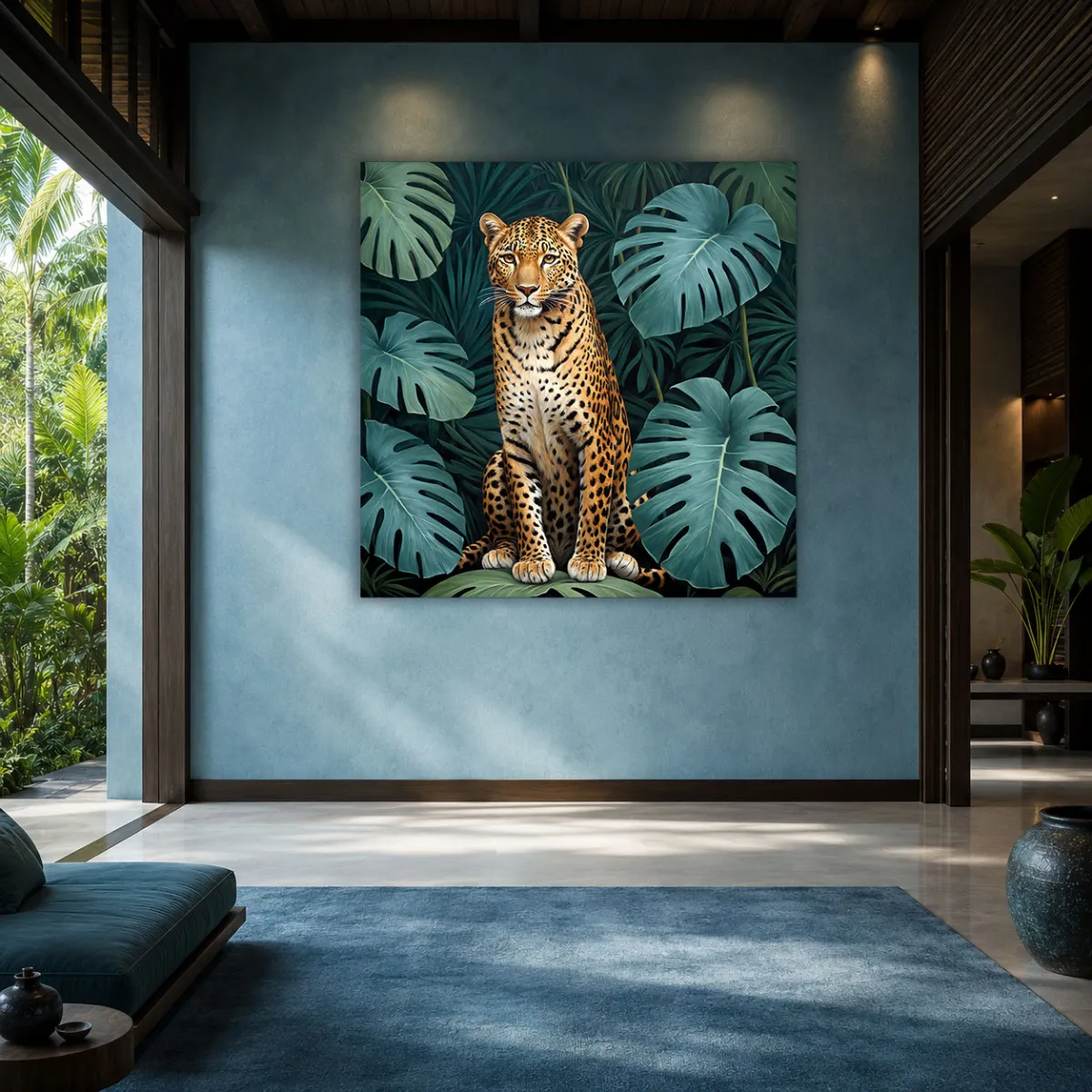 Square leopard artwork in tropical jungle.
