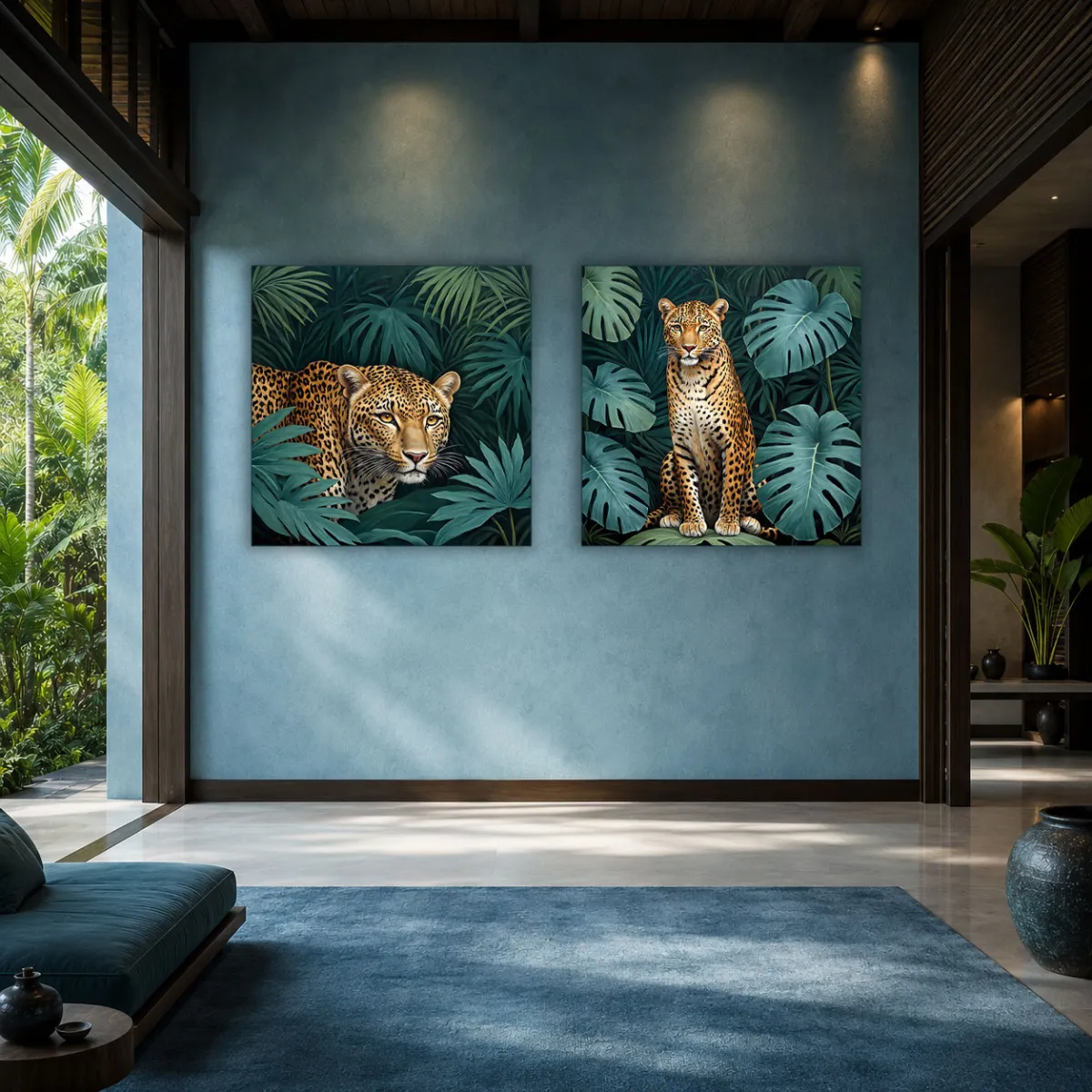     Luxury interior mockup featuring two square leopard wall artworks displayed side by side