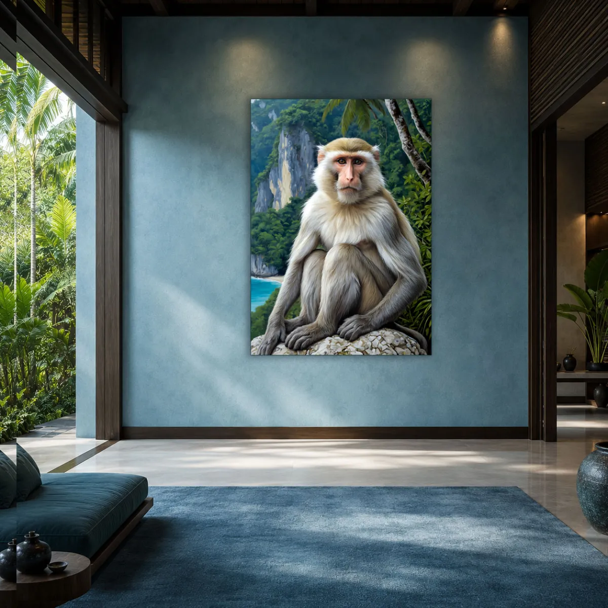 Luxury tropical hotel suite featuring the TAMAJAD “LORD OF LIMESTONE” macaque artwork displayed above a contemporary lounge area