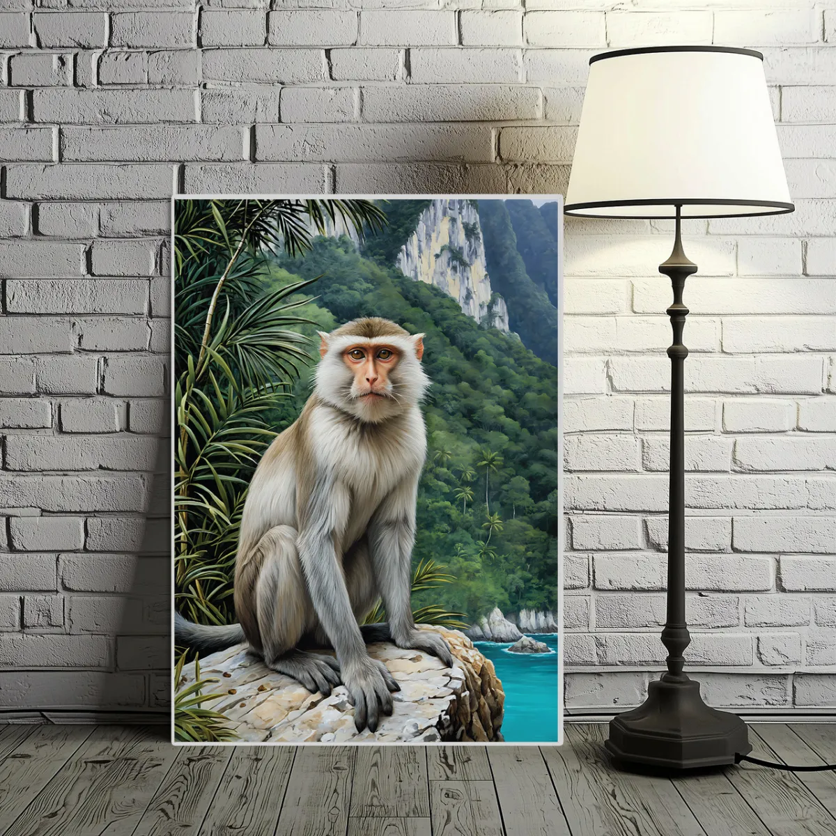 Eyes of Andaman wildlife fine art print leaning against a white brick wall interior
