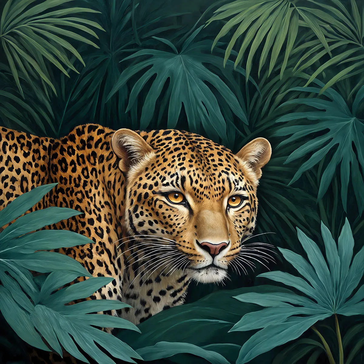 Leopard emerging through tropical foliage