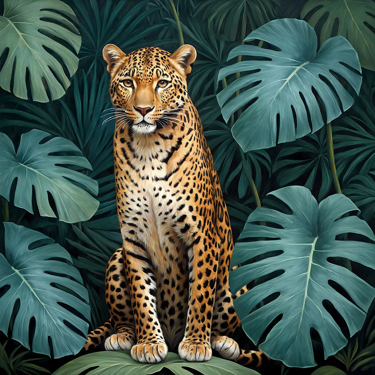     Square leopard wall art with lush green leaves.