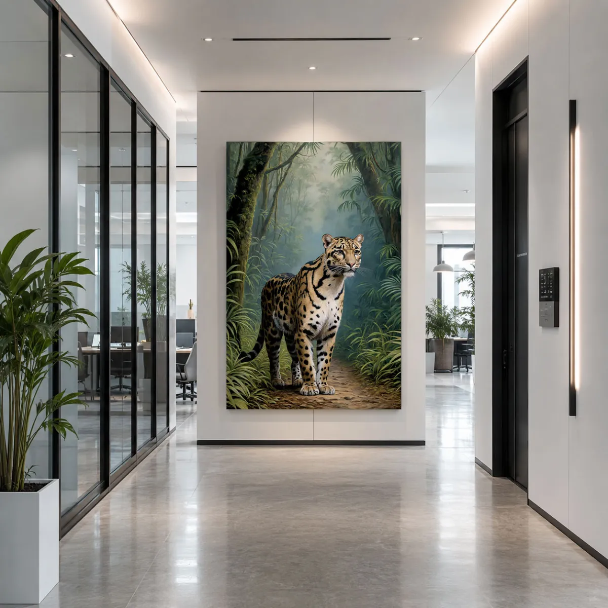 Clouded leopard wall art in a modern luxury office corridor, premium XXL wildlife artwork for executive interiors