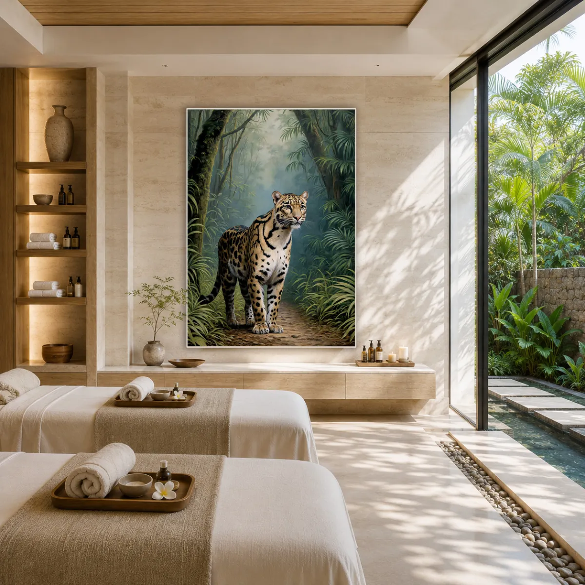 Clouded leopard rainforest wall art in a luxury tropical spa interior, premium wildlife artwork