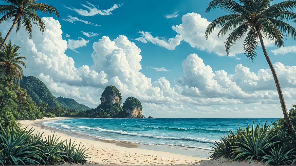 Tropical beach with turquoise sea, palm trees and limestone islands