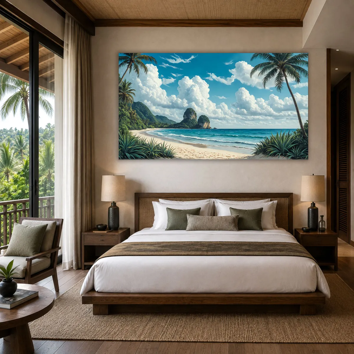 Tropical beach wall art in a luxury bedroom