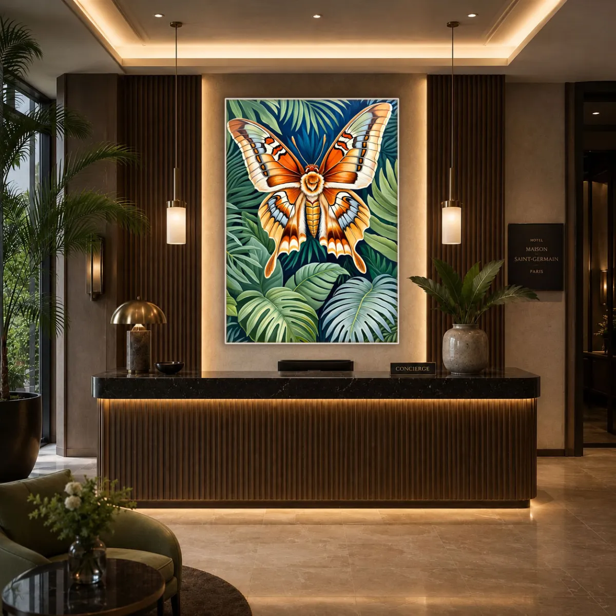 Premium Atlas moth fine art print displayed behind the concierge desk of a modern luxury hotel lobby