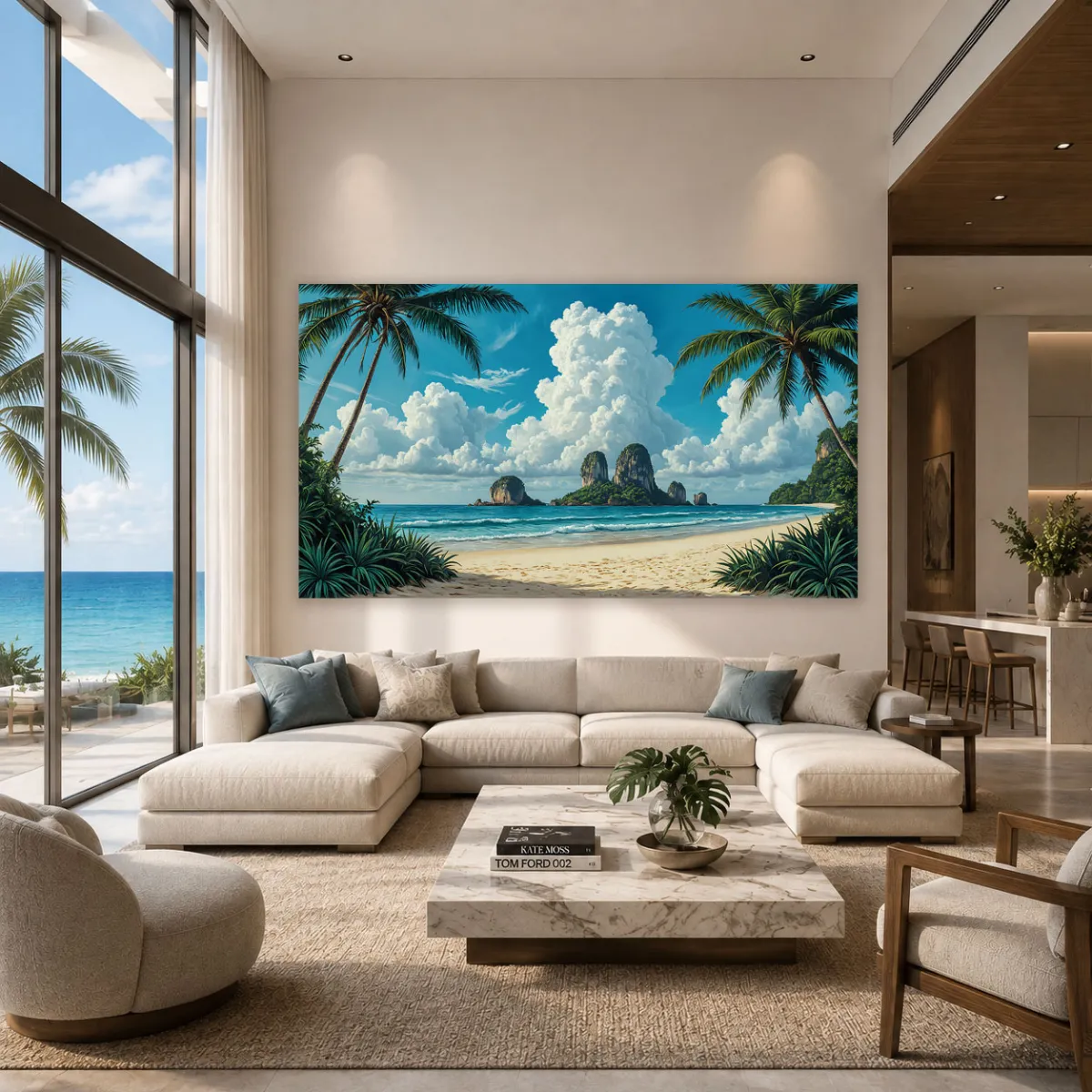 Executive office interior featuring panoramic Thailand coastal landscape artwork and luxury furnishings.