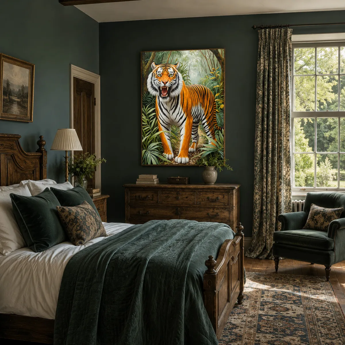 Luxury bedroom featuring TIGER’S DOMAIN tiger wall art by TAMAJAD