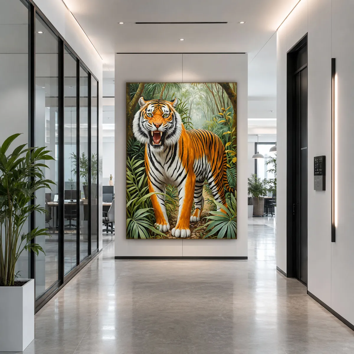 Modern office lobby featuring TIGER’S DOMAIN wall art