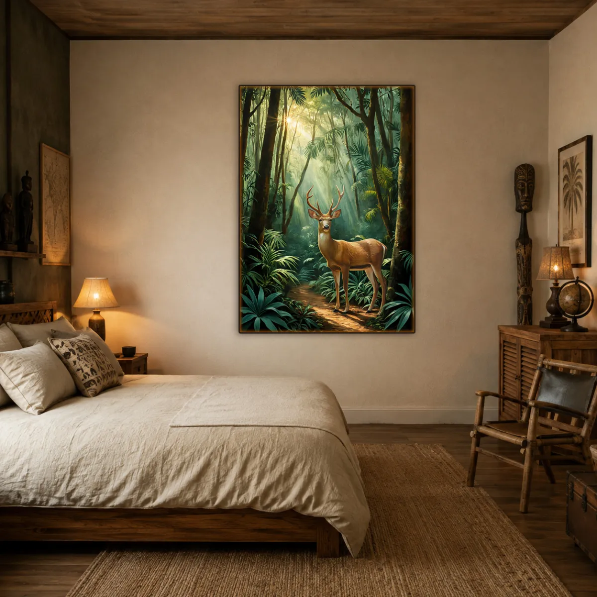 Large TAMAJAD fine art print of an Eld’s deer displayed in a high-end luxury bedroom.
