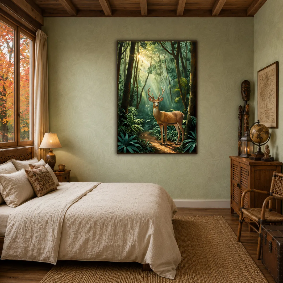 Oversized Eld’s deer fine art print creating a focal point in a master bedroom interior.