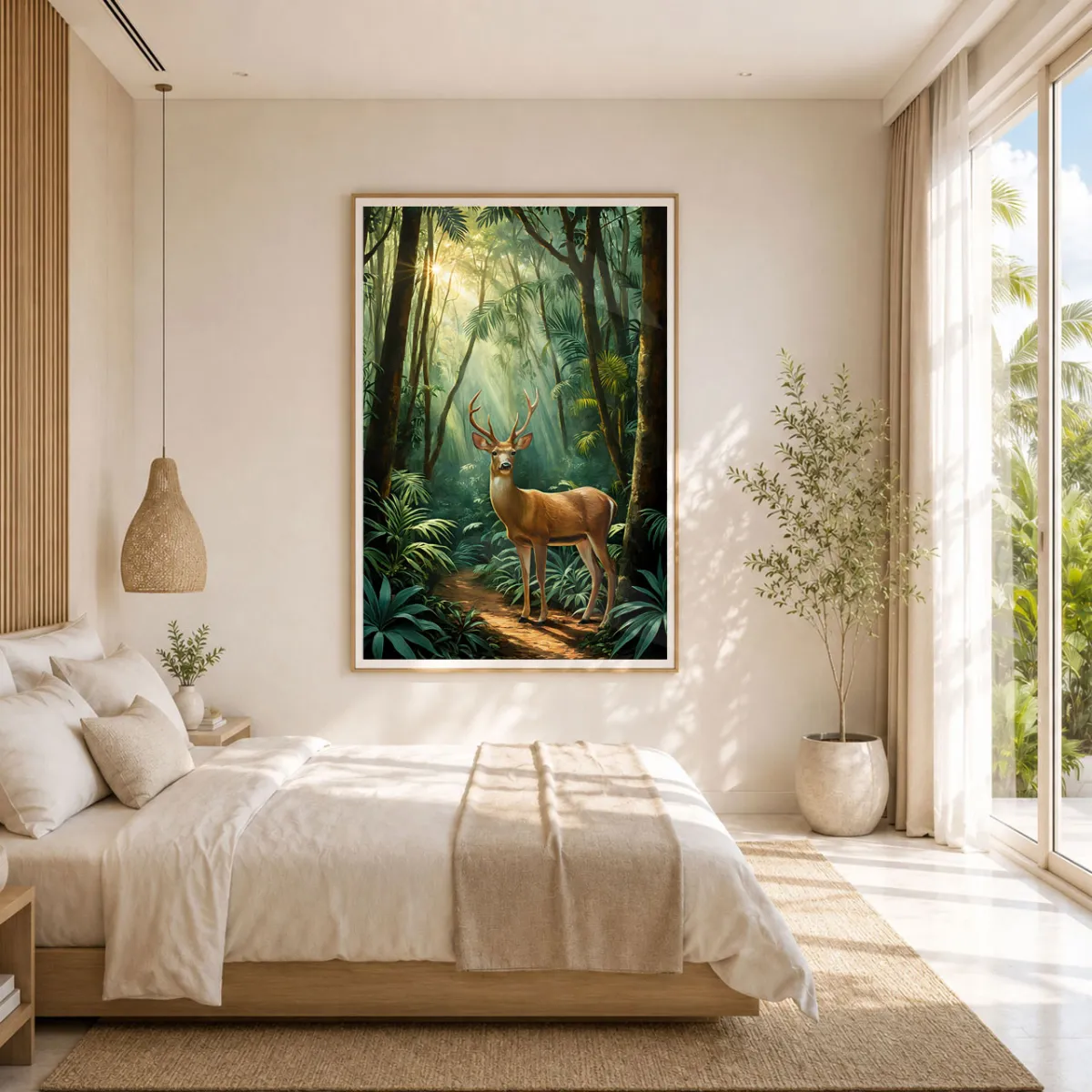 Eld’s deer wildlife art print framed above a low coffee table in a modern living room.