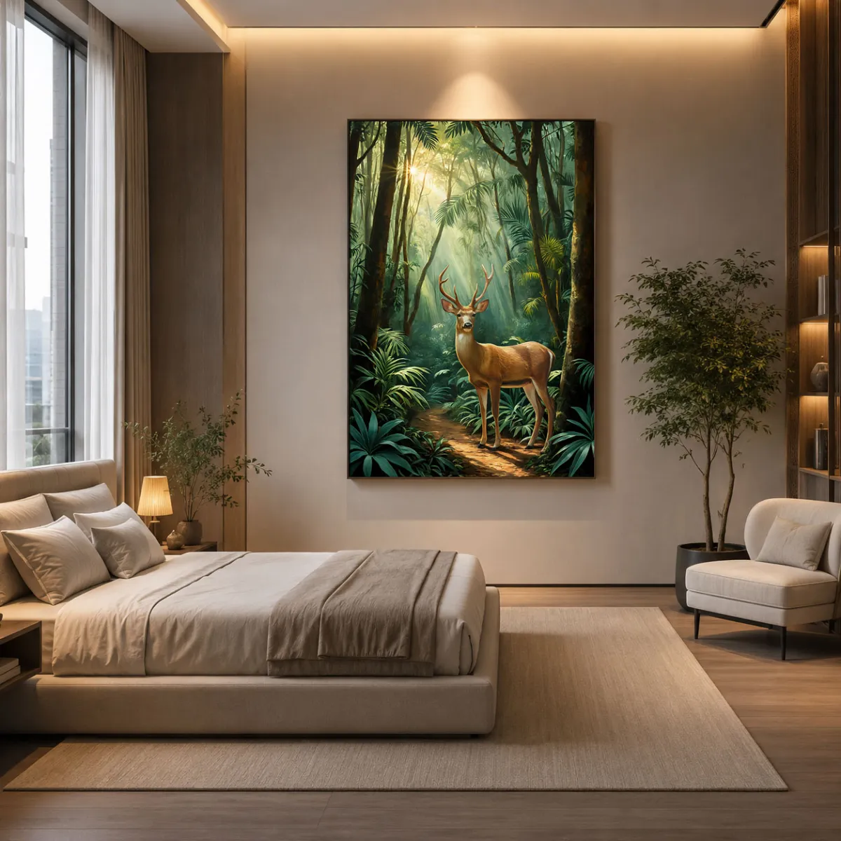 Framed TAMAJAD fine art print "SILENT MORNING" hanging above a beige sofa.