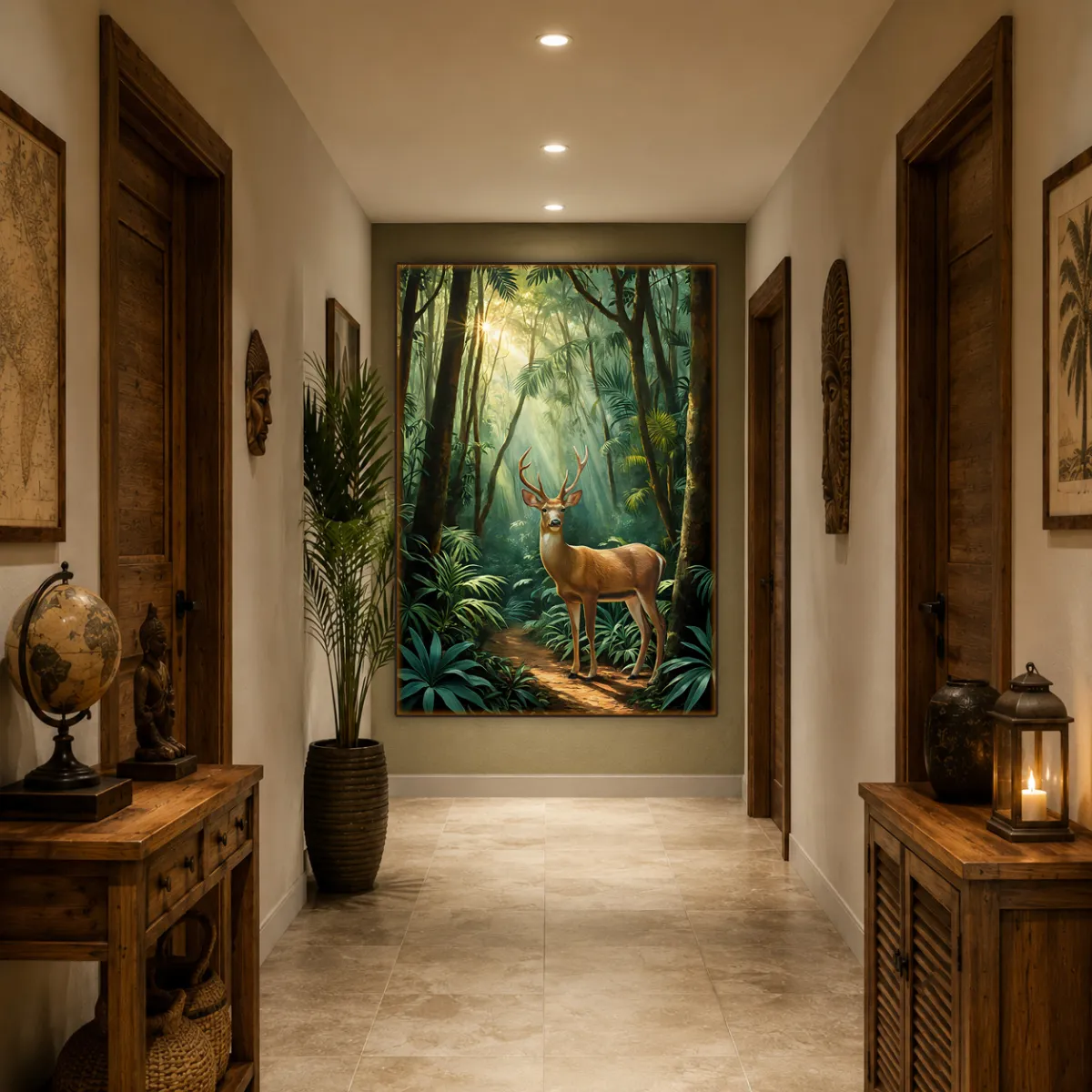 Framed TAMAJAD fine art print "SILENT MORNING" hanging above a beige sofa.
