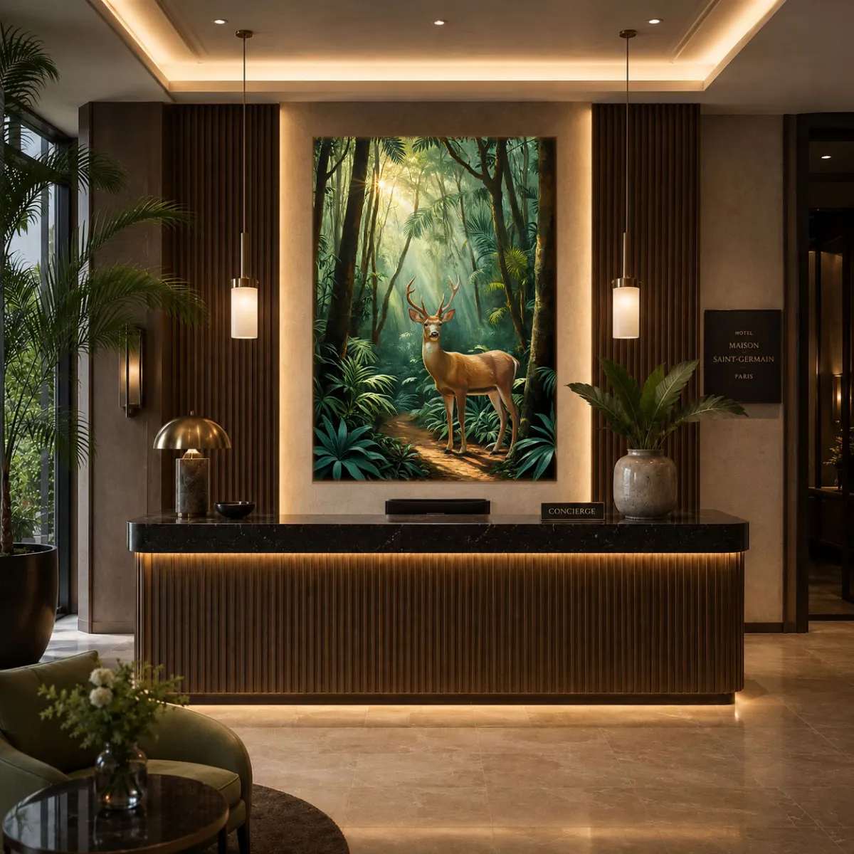 TAMAJAD "SILENT MORNING" fine art print showcased in a modern corporate hallway.
