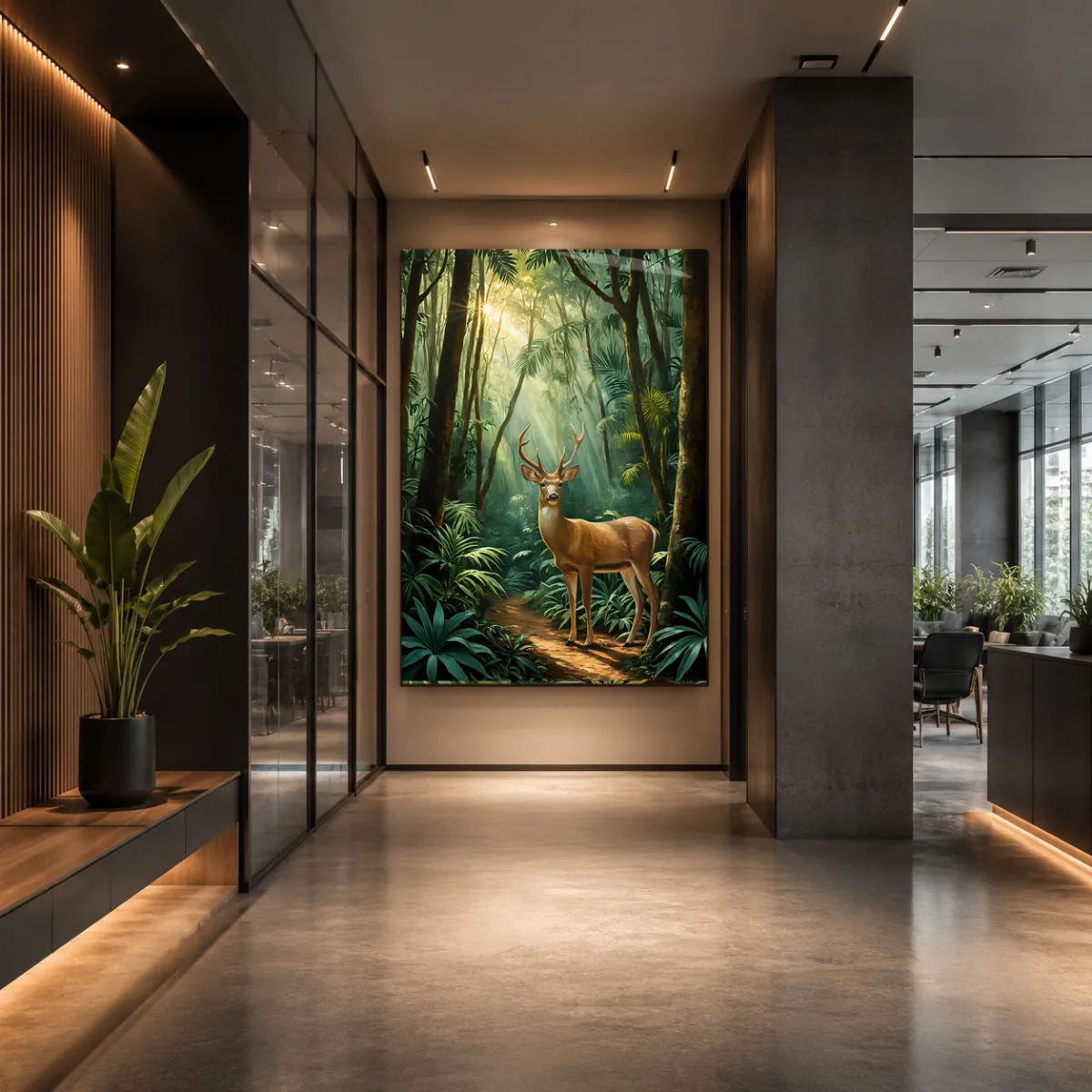 Large TAMAJAD fine art print of an Eld’s deer displayed in a high-end luxury bedroom.