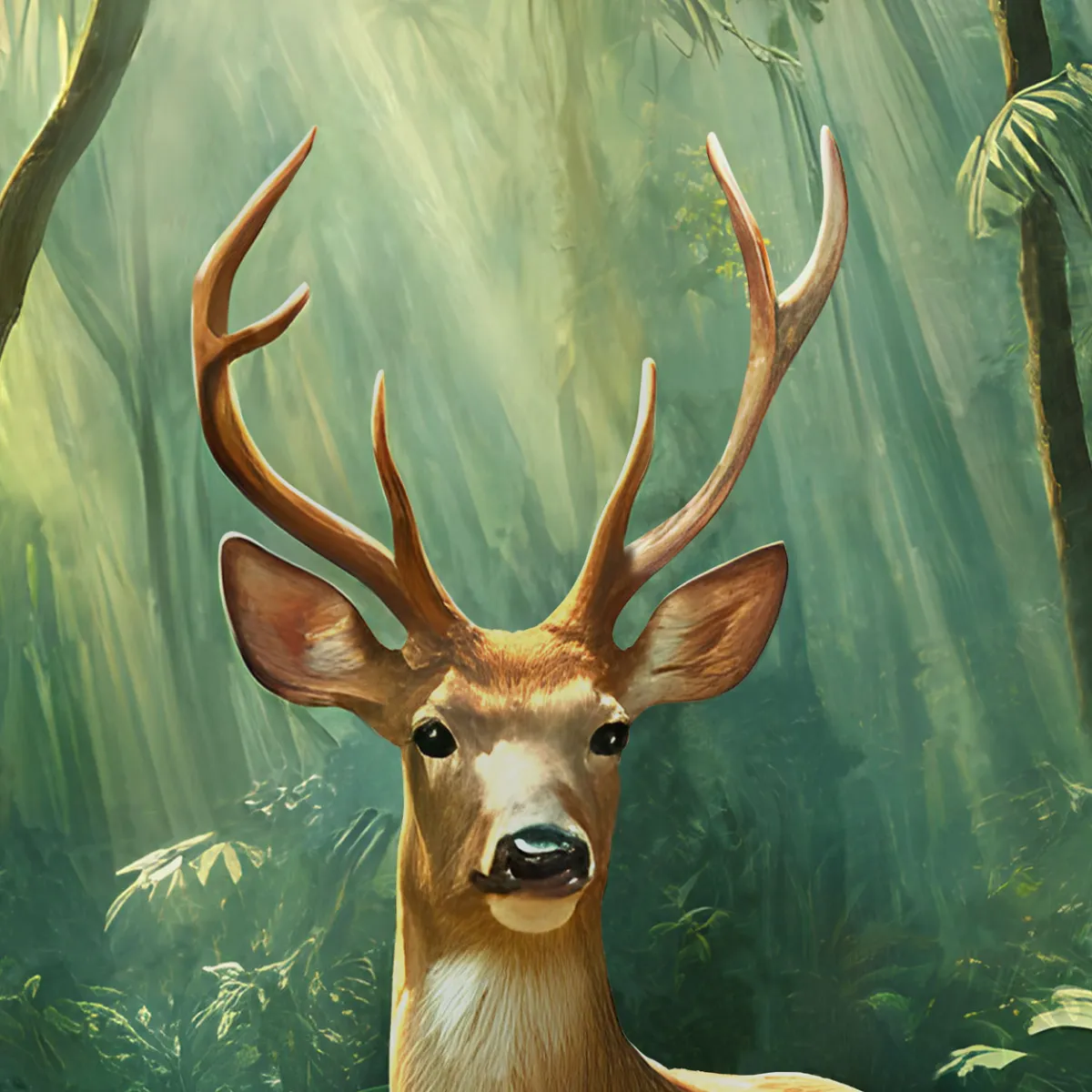 Close-up portrait of an Eld’s deer with sculpted antlers in a sun-dappled jungle by TAMAJAD.